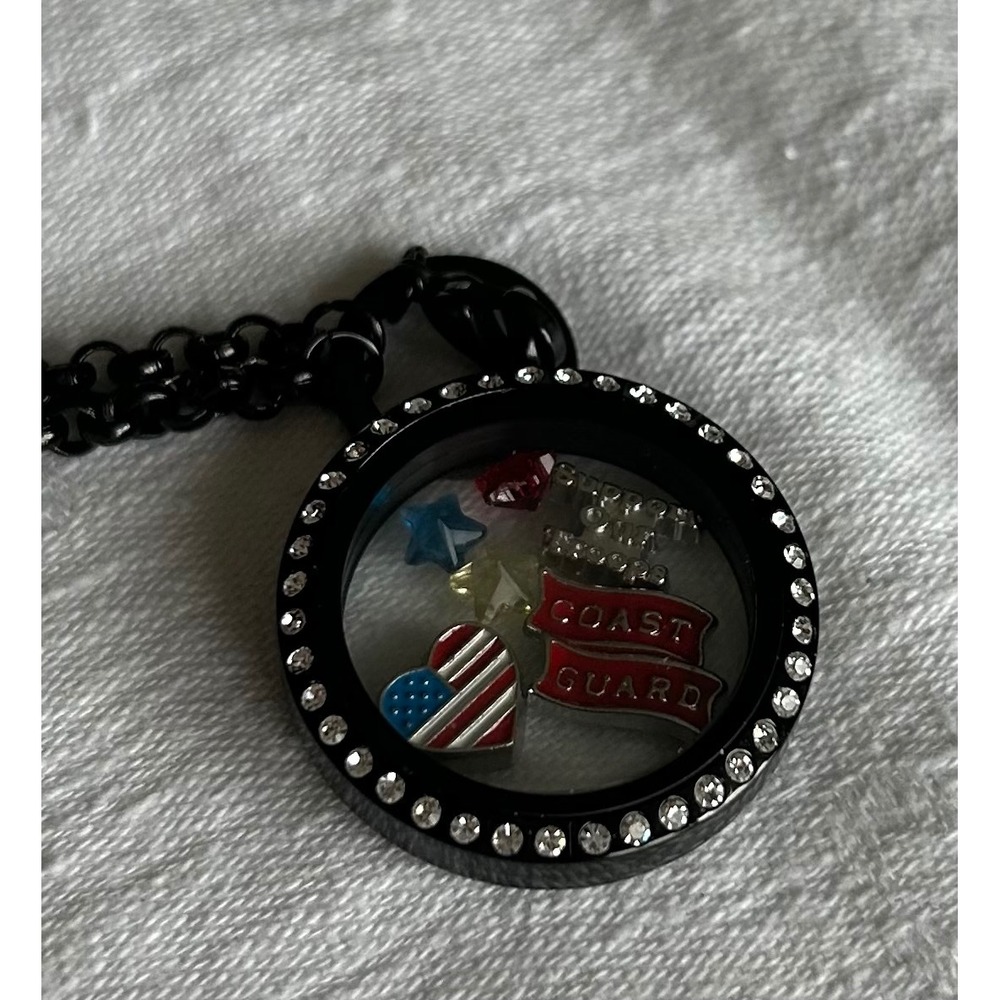 Origami Owl US Coast Guard Floating Charm Locket Necklace Black Rhinestone